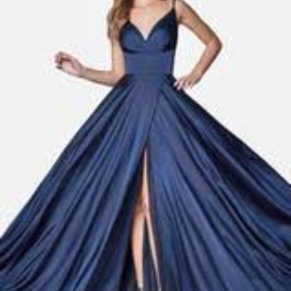 NWOT- La Femme Strappy Back Satin Ballgown - Picture 6 of 7